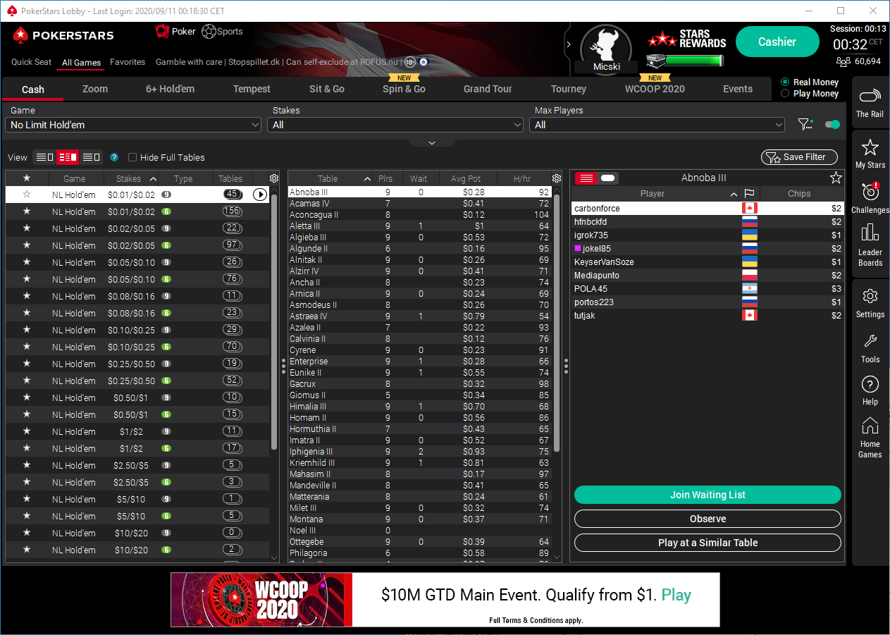 The lobby of no limit shorthanded and fullring cashgames at PokerStars on a late night Danish time in 2020.