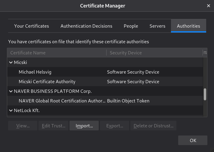 The root certificate of Micski Certificate Authority has been imported into the internal Certificate Manager of Mozilla Thunderbird mail client.