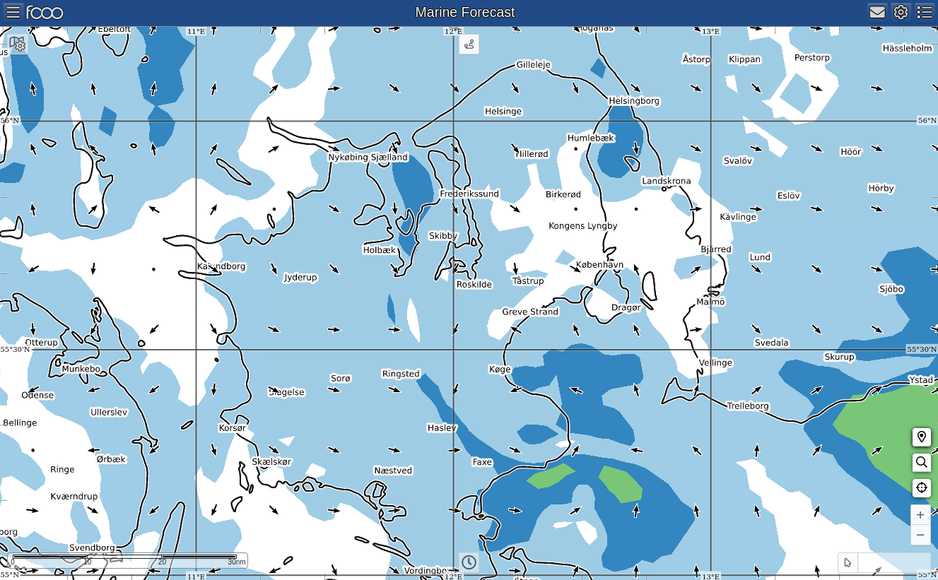 The FCOO Marine Forecast wind direction arrows and wind force colors.