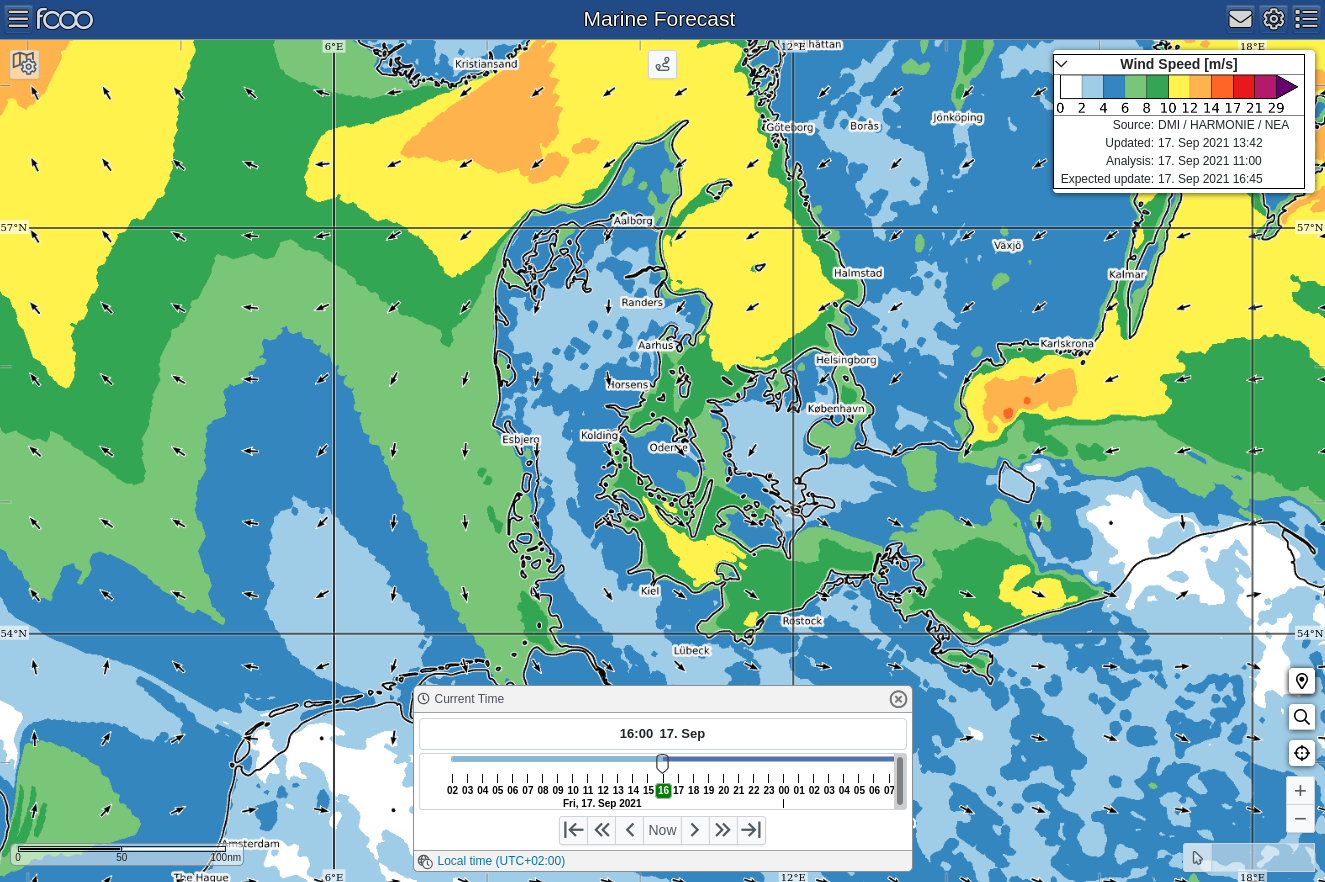 Screenshot of wind forecast by FCOO Marine Forecast. Wind speed is indicated by color and direction is indicated by arrows.