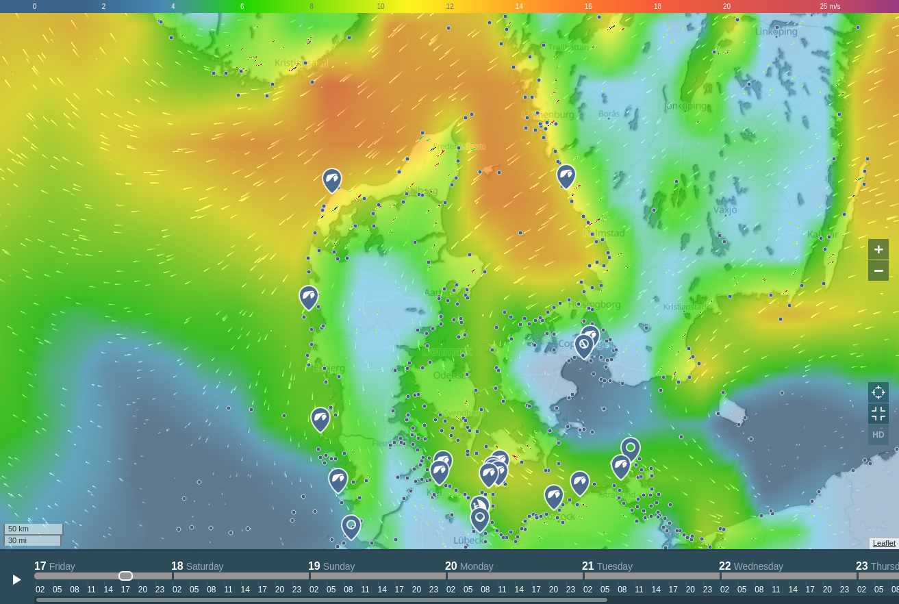 Screenshot of wind forecast by Windy. Wind speeds and directions are indicated by color and animation.