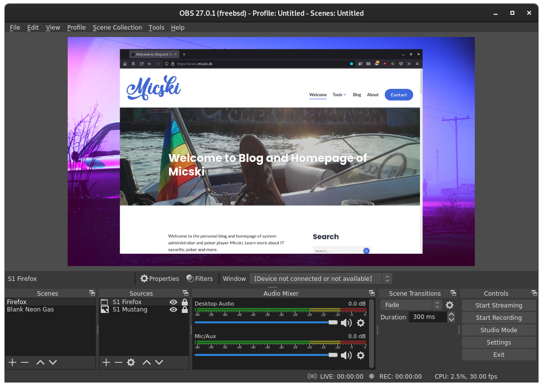 Screenshot of OBS Studio for FreeBSD with XOrg and GNOME. OBS Studio is showing a scene with Firefox browser on a background image.