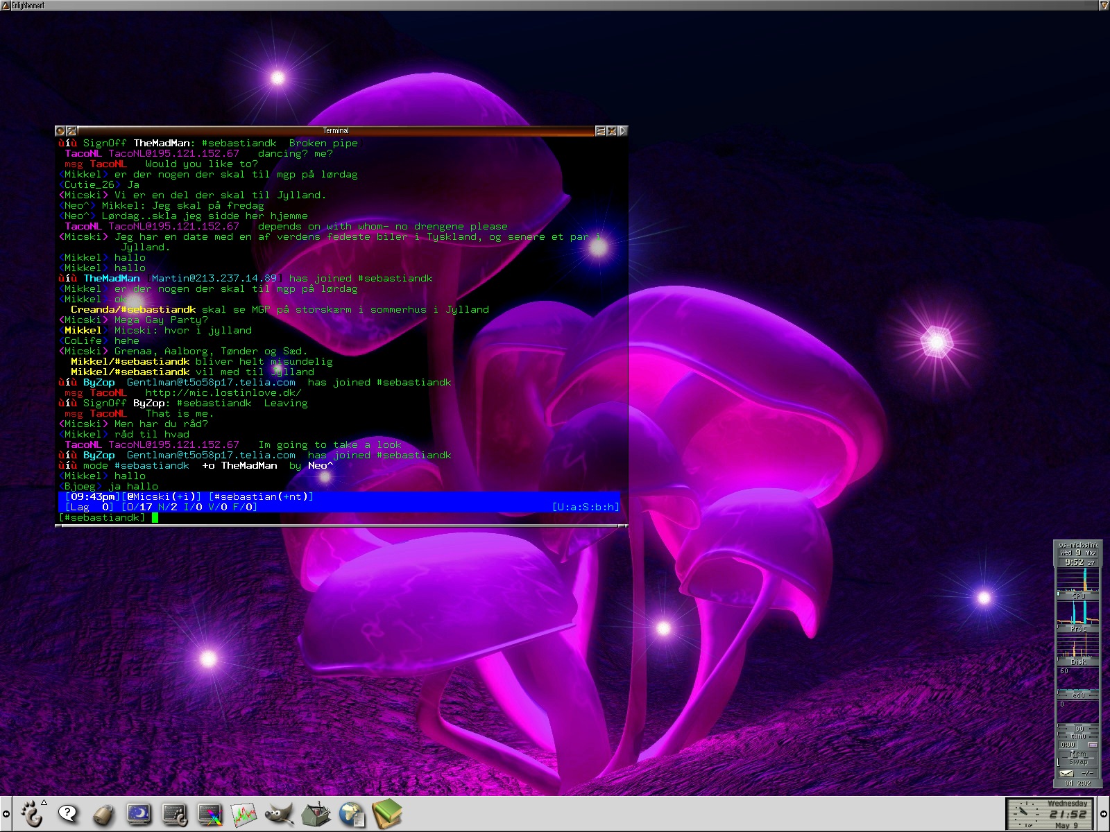 2001-05-09. GNOME desktop with mushrooms background on FreeBSD 4.3. Terminal with Irssi IRC client on #sebastiandk channel with TheMadMan, TacoNL, Mikkel, Cutie_26, Micski, Neo, Creanda, CoLife, ByZop and Bjoeg. GKrellM system monitor.