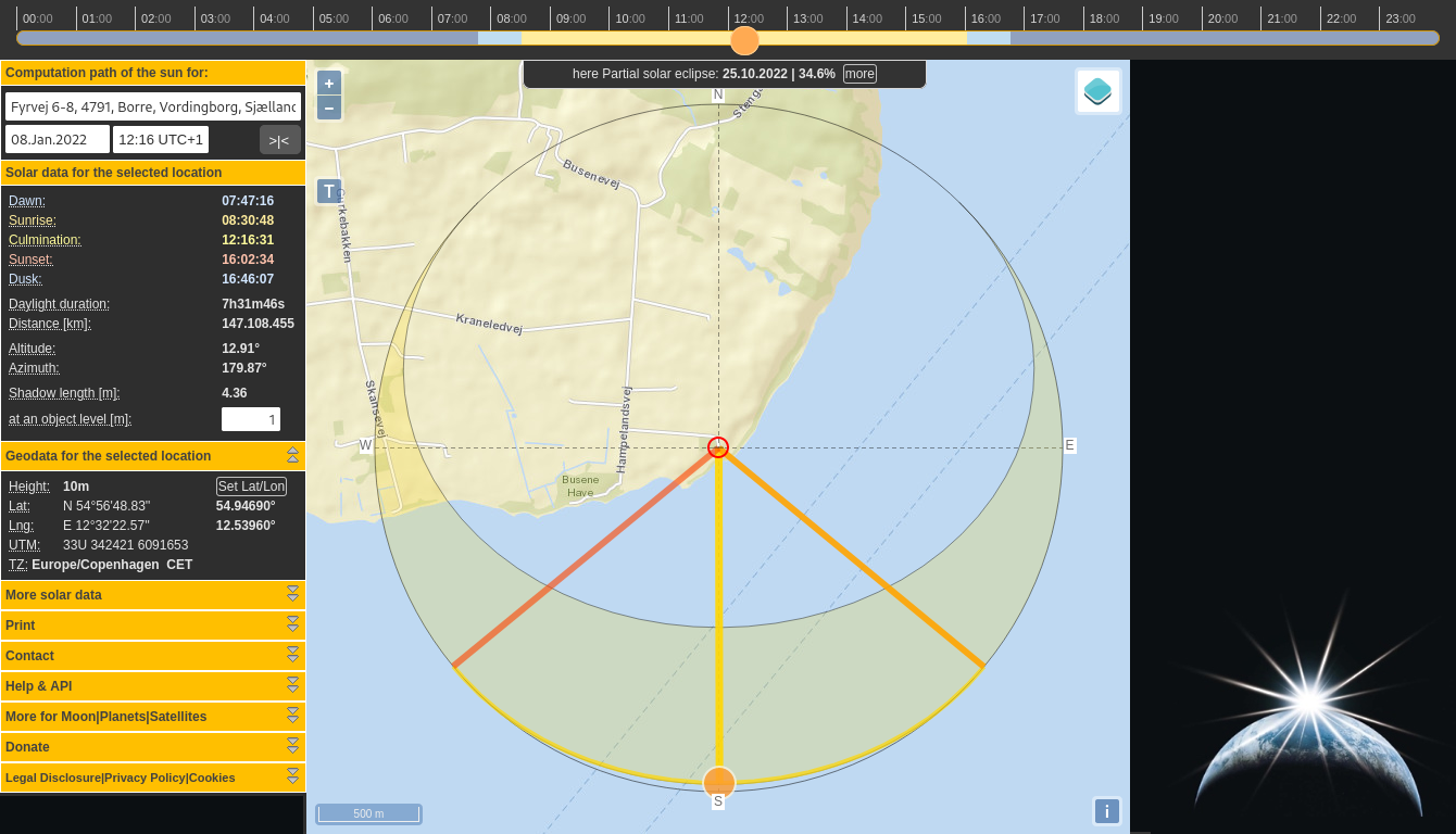 Screenshot of SunCalc, that can show the sunrise, sun path and sunset on a map as a function of location, date and time.