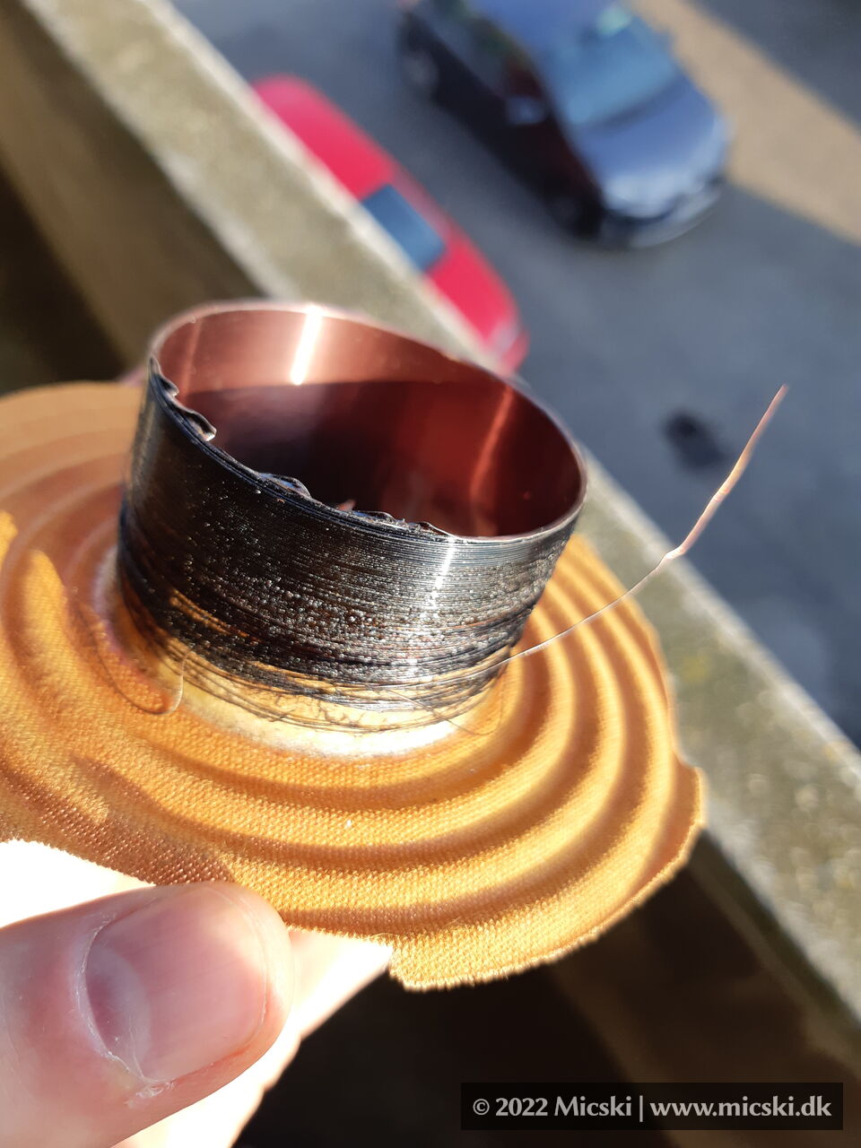 Picture of Cerwin-Vega AL-1002 voice coil, that is burned due to overheating.