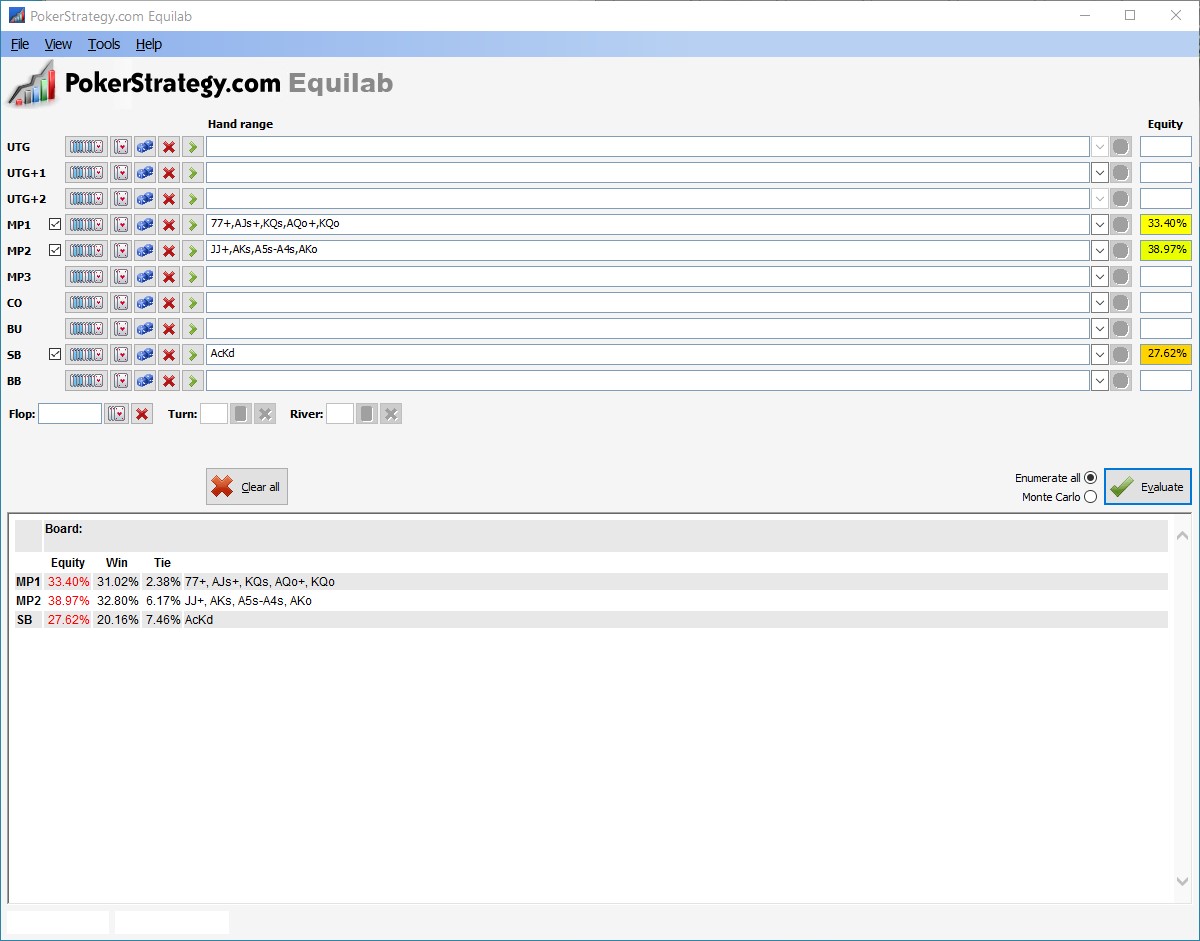 Screenshot of EquiLab, where active players in a certain spot has been assigned ranges and their chance of winning (equity) has been calculated.