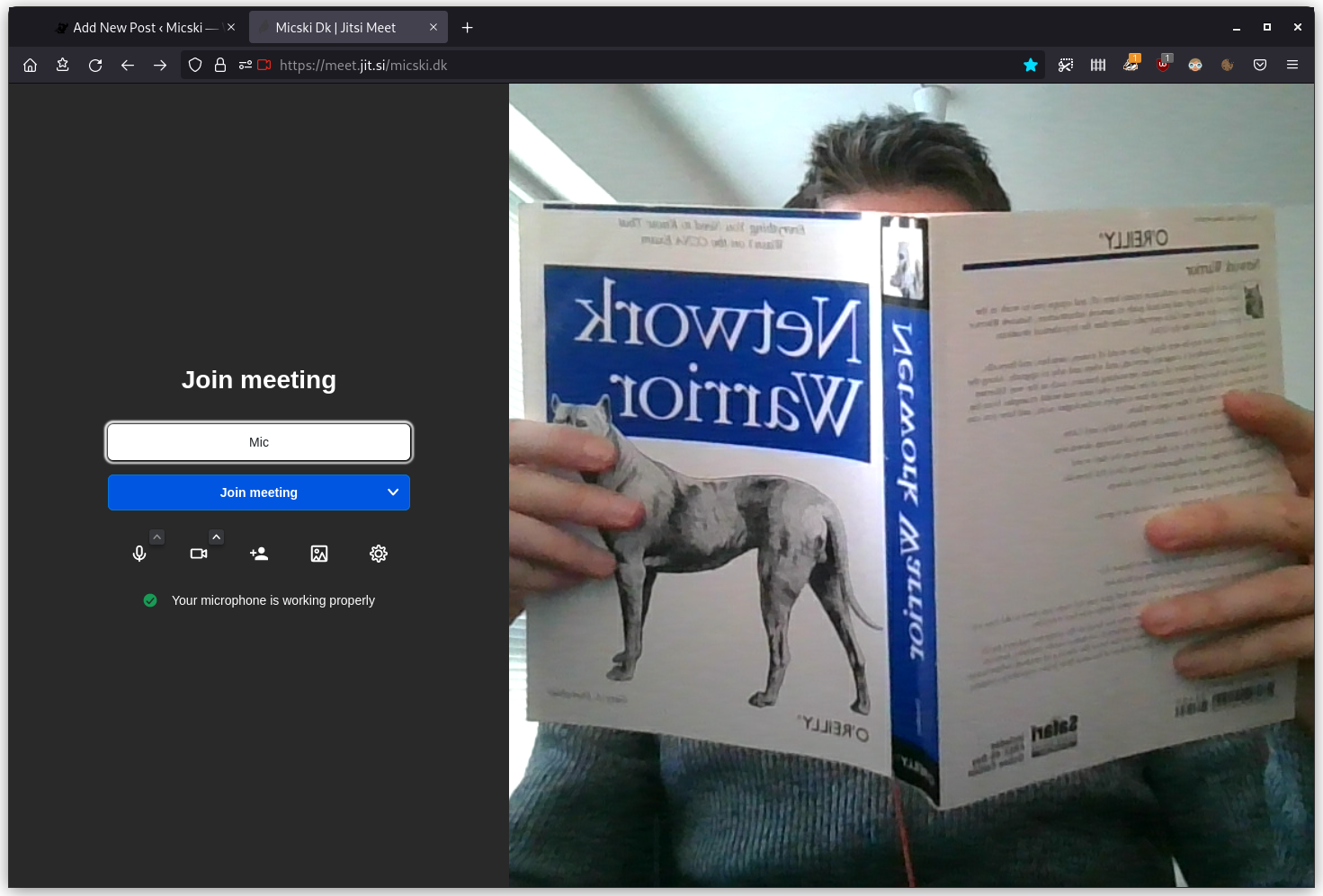 Screenshot of joining a room in Jitsi Meet. The microphone and web camera is working.