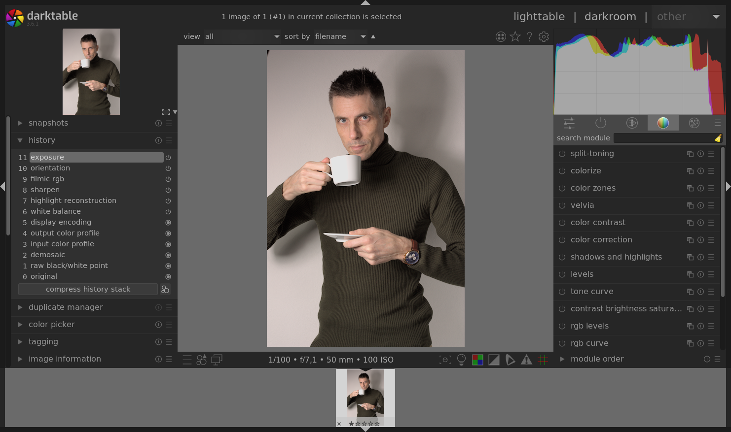 Screenshot of Darktable in which the darkroom with history feature and grading modules is open.