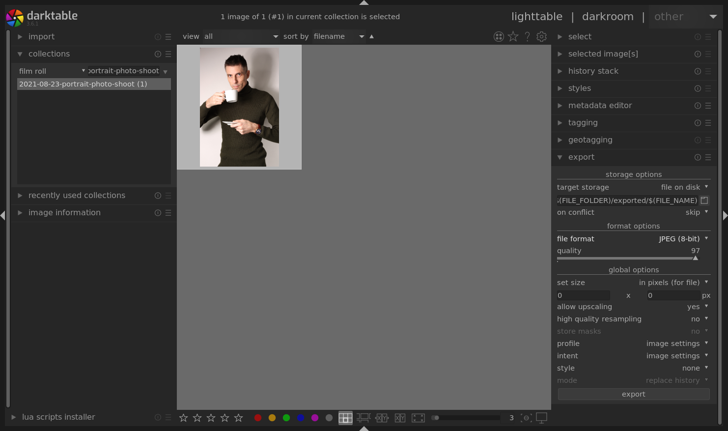 Screenshot of Darktable in which collections and export feature is open. An imported film roll with a picture is visible.