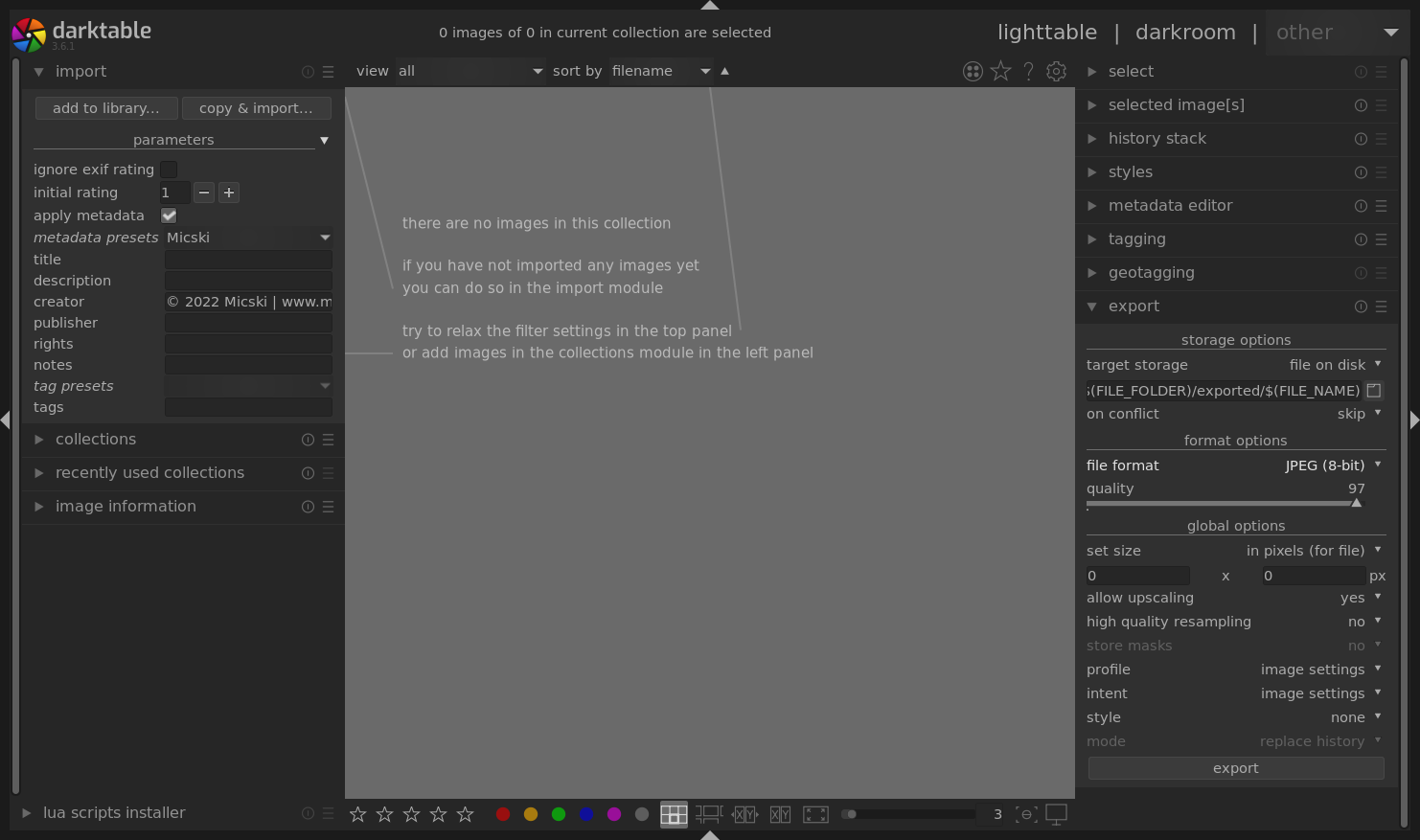 Screenshot of Darktable in which lighttable with import and export features are open.